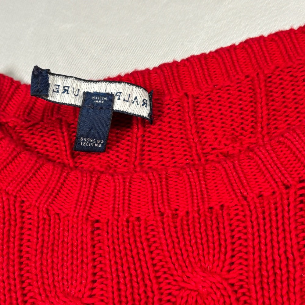 Ralph Lauren Sweater Mens Large Red Cable Knit Cotton Crewneck Long Sleeve Pony - Picture 5 of 11